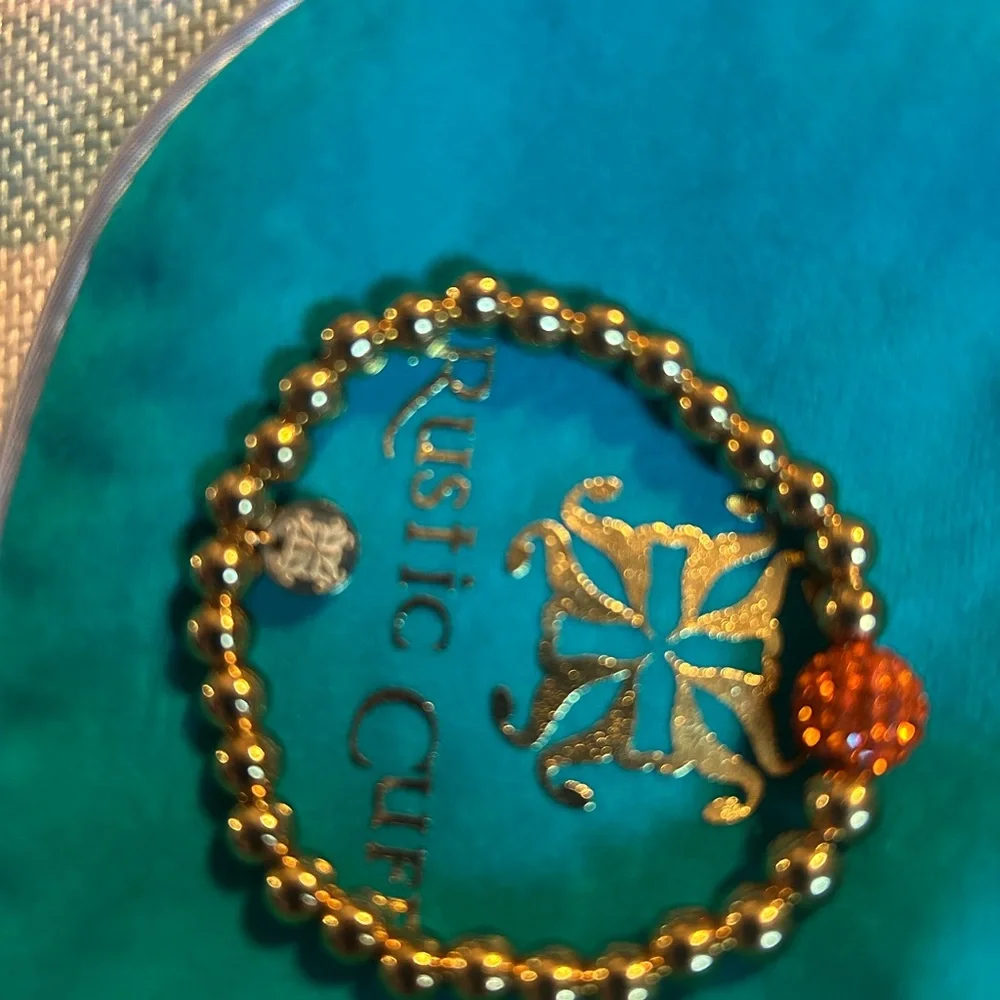 Rustic Cuff Gold and Orange Beaded Bracelet - Picture 2 of 4